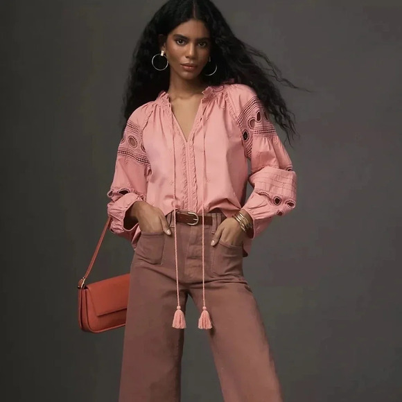 NWT Anthropologie Pink Forever that Girl Pink V-Neck Peasant Top L - Picture 2 of 4